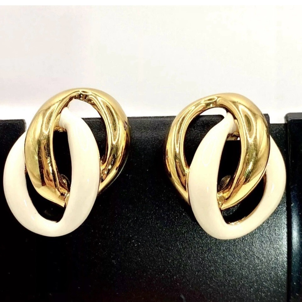 Napier vintage Gold tone and cream enamel clip on screw Intertwined Earrings